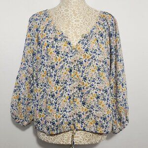 Mango Women's Size 6 Floral Print Drawstring Button Down Balloon Sleeve Blouse